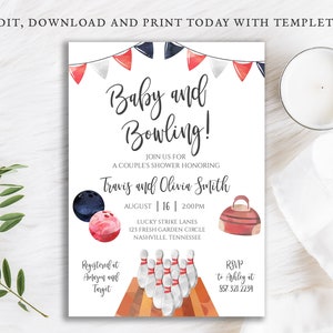 Bowling Baby Shower Invitation Gender Neutral Fun Couples Shower, Baby Boy Shower Digital Instant Download Editable Template DIY, BA-157