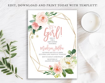 Blush Pink Roses Baby Shower Invitation: Gold Geometric Frame (Digital Download)