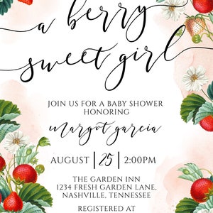 Strawberry Baby Shower Invitation, A Berry Sweet Girl Baby Shower Invite, Summer, Template, Printable Instant Digital Download, BA-77 image 7