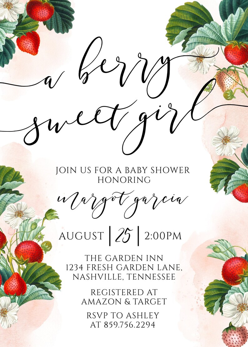 Strawberry Baby Shower Invitation, A Berry Sweet Girl Baby Shower Invite, Summer, Template, Printable Instant Digital Download, BA-77 image 7