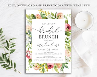 Pink Roses Bridal Brunch Invitation, Blush Floral Brunch Invite, Digital Instant Download Template, BR-42