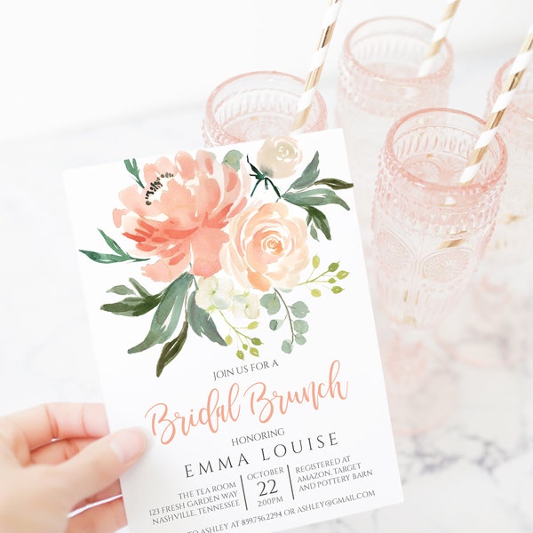 Peach Bridal Brunch Shower Invitation, Peach Blush Roses Brunch Invite, Digital Instant Download Editable Template, BR-127