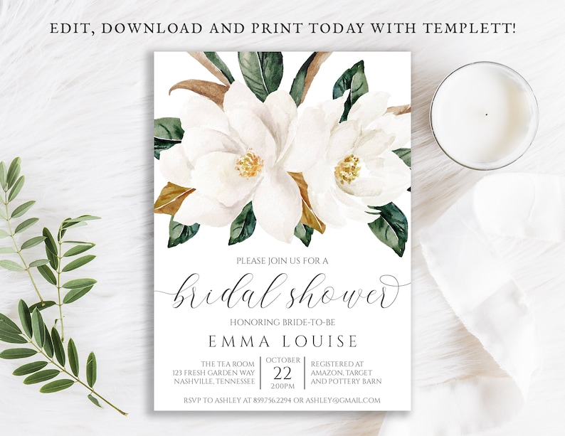 Magnolia Bridal Shower Invitation Magnolia Invite White Etsy