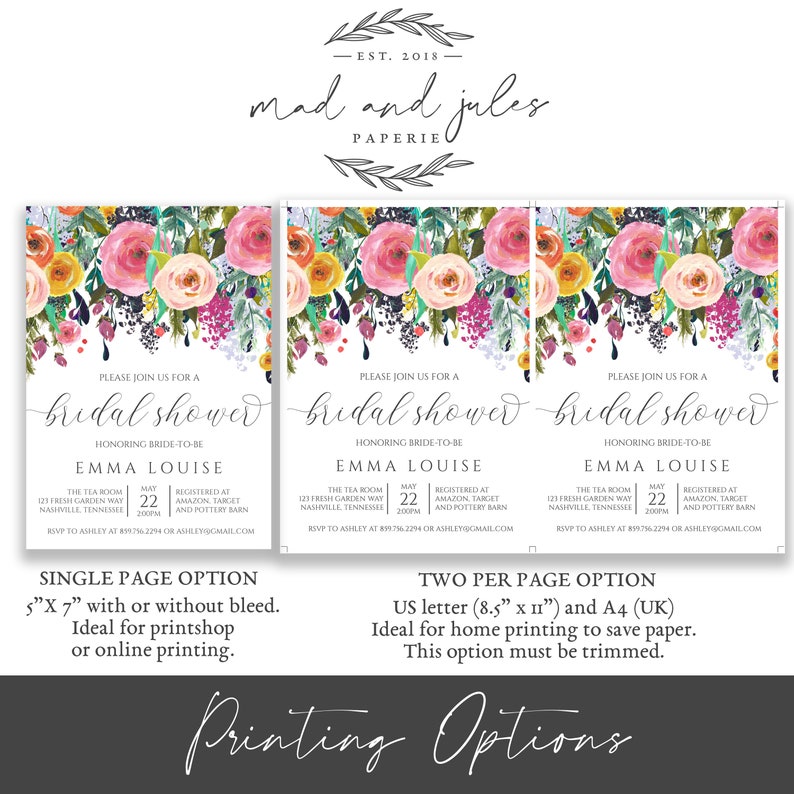 Navy Floral Bridal Shower Invitation Colorful Flowers Etsy