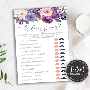 Purple Floral Bridal Shower Game: Bride or Groom (Printable, Instant Download)