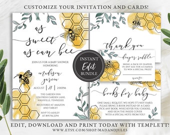 As Sweet as Can Bee Baby Shower Bundle Invitation, Books for Baby, Diaper Raffle, Thank you, Templates, Printable, BA-189