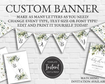 Greenery Custom Banner Template, Pendant Banner, Baby Shower, Bridal Shower, Printable, Digital Instant Download, BA-155