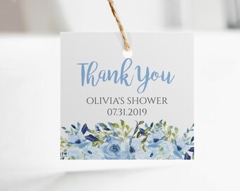 Blue Floral Baby Shower Favor Tag Template (Digital Download)