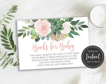 Blush Pink Green Succulents Books for Baby Card Template, Watercolor Boho, Digital Printable, BA-121