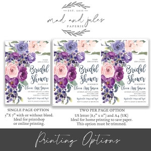 Bridal Shower Invitation Purple, Plum, Lilac, Lavender, Violet, Blush, Floral Wild Flowers, Template Wedding Digital Printable, BR-8 image 5