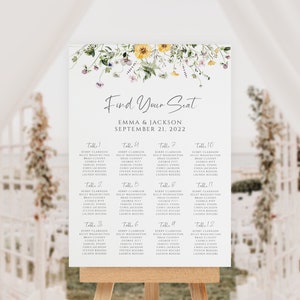 Lavendel en gele wilde bloemen bruiloft zitplaatsen grafiek teken sjabloon, Violet, verticaal 24 x 36, tafel zitplaatsen poster, Instant Download, WD-307