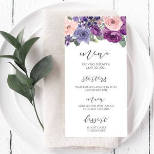 Purple Floral Shower Menu Template, Baby Shower Menu, Bridal Shower Menu, Digital Instant Download, DIY Printable, BR-23