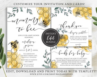 Mommy to Bee Baby Shower Bundle Invitation, Books for Baby, Diaper Raffle, Thank you, Mom to Bee, Templates, Instant Download, BA-189