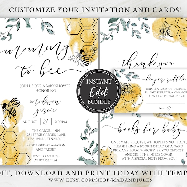 Mommy to Bee Baby Shower Bundle Invitation, Books for Baby, Diaper Raffle, Thank you, Mom to Bee, Templates, Instant Download, BA-189