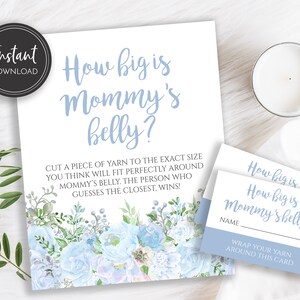 Floral azul claro Quão grande é a barriga da mamãe Placa de chá de bebê e cartões de adivinhação, download digital instantâneo, BA-130