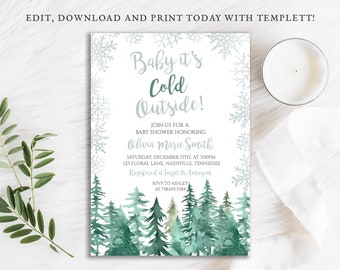 Baby it's Cold Outside Evergreen Baby Shower Invitation Winter Baby Shower Digital Download Editable Template DIY Printable, BA-123