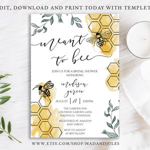 Meant to Bee Bridal Shower Invitation, Bee Bridal Invitation, Template, Editable in Templett, Printable Download, BR-162