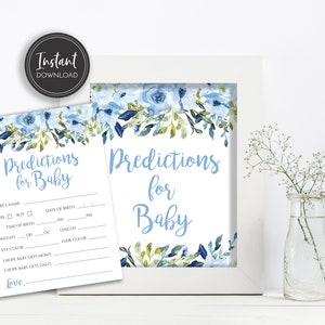 Prédictions florales bleues pour signe de table de bébé et carte, prédictions de douche de bébé, téléchargement immédiat, bricolage imprimable, BA-132