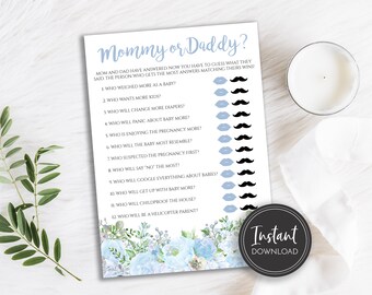 Light Blue Baby Shower Mommy or Daddy Game Watercolor Flowers Floral Digital Instant Download DIY Printable, BA-130