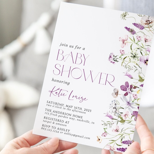 Purple Baby Shower Invitation Template, Wildflower Baby Shower Invite, Lavender, Templett, Printable Instant Download, BA-25