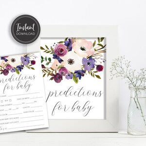 Prédictions de douche de bébé violet pour signe de table de bébé et carte, prédictions de douche de bébé, téléchargement numérique instantané, imprimable, BA-94