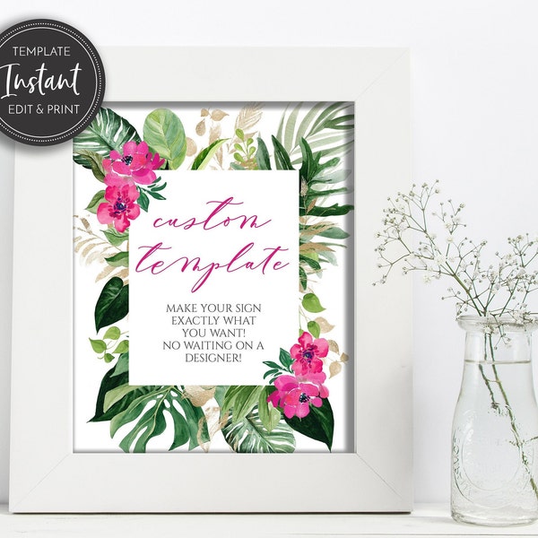 Pink Tropical Custom Sign Template, Baby Shower Table Sign, Bridal Shower Sign, 8x10 Sign, Templett, Printable Digital Download, BA-125