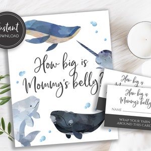 Baleia Azul Quão grande é a barriga da mamãe Placas para chá de bebê e cartões de adivinhação, download digital instantâneo, BA-83
