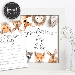 Predicciones de baby shower del bosque para tarjeta de bebé y signo Fox Raccoon Deer, Woodland Animals Fox Deer Rabbit Descarga instantánea digital, BA-216