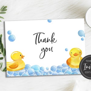 Szablon karty z podziękowaniami z gumową kaczką, karta z podziękowaniami na baby shower, żółta kaczuszka, niebiesko-żółta, bąbelki do kąpieli dla dzieci, pobieranie cyfrowe, BA-149