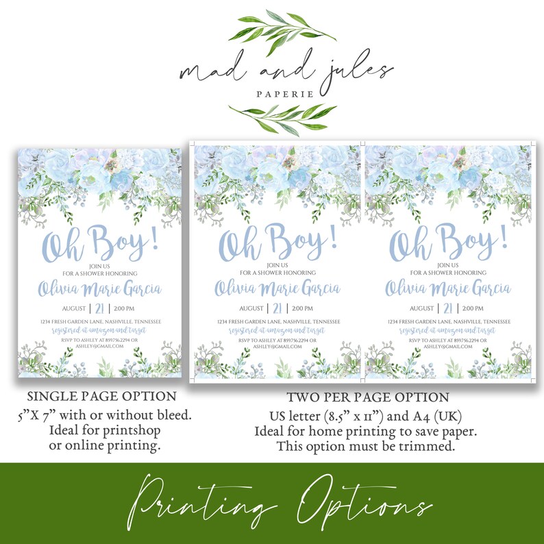 Oh Boy Baby Shower Invitation Light Blue Watercolor Flowers Etsy
