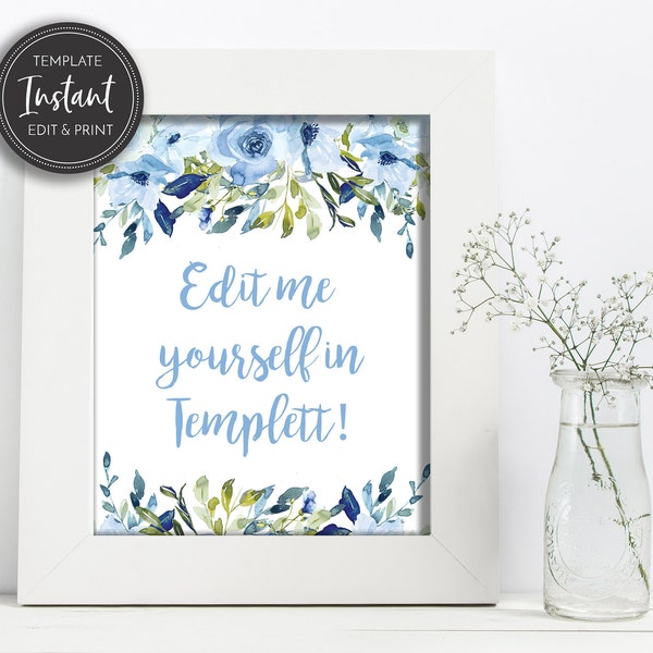 Blue Floral Boy Baby Shower Edit Yourself DIY Blank Table Sign Light Navy Blue Watercolor Flowers Editable Template Download, BA-132