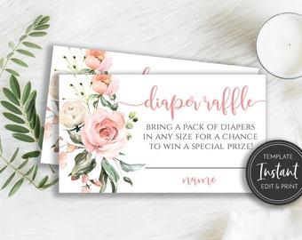 Blush Pink Roses Diaper Raffle Card Template, Baby Shower Diaper Raffle Insert, Flowers Printable Digital Download, BA-62