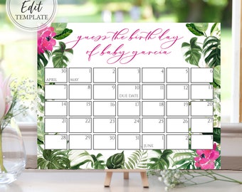 Pink Tropical Baby Shower Calendar, Guess Baby's Birth Date Template, 8x10 and 16x20, Digital Download Editable, BA-125