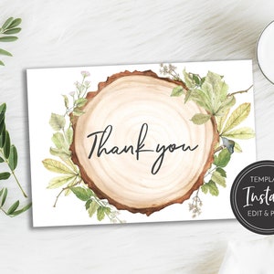 Rustiek bos Bedankkaartsjabloon, babyshower, bruidsdouche, houtschijfgroen, boom, plat en gevouwen, Instant Download, BA-107