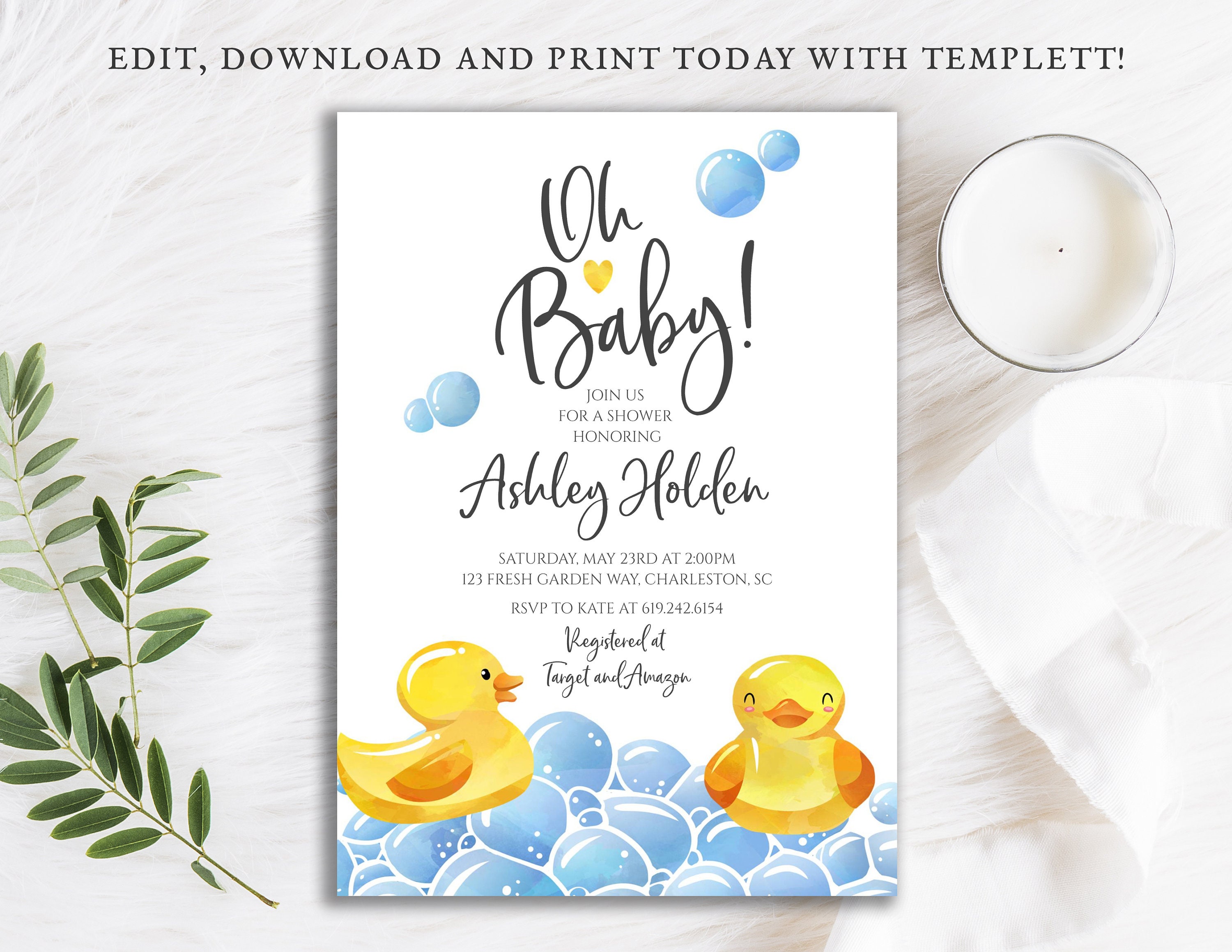 Rubber Ducky Baby Shower Invitation Gender Neutral Oh Baby Baby