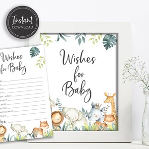 Animales de la selva Wild One Baby Shower Deseos para el signo del bebé y esperanzas de tarjetas para el futuro del bebé Tigre Cebra Jirafa Safari Descarga instantánea, BA-85