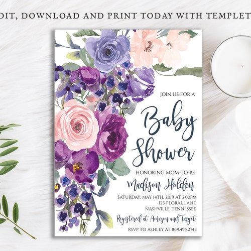EDITABLE Lilac Floral Baby Shower Invitation Girl Purple Baby Etsy