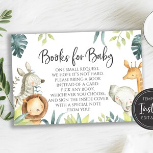 Libros de baby shower de animales de la selva para plantilla de tarjeta de bebé, solicitud de biblioteca de libros, safari de jirafa de cebra y elefante tigre, descarga instantánea, BA-85