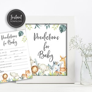 Animales de la selva Wild One Baby Shower Predicciones futuras para signo de bebé y tarjeta Tigre Elefante Cebra Jirafa Safari Descarga instantánea, BA-85
