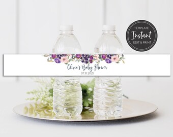 Purple Floral Bottle Label Template, Baby Shower, Bridal Shower, Templett, Printable Download, BA-178, BA-180, BR-8