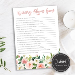 Blush Pink Nursery Rhyme Baby Shower Game Floral Flowers Digital Instant Download, BA-175, BA-89