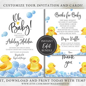 Rubber Duck Baby Shower Bundle, Invitation, Books Card, Diaper Raffle, Thank you, Yellow Gender Neutral Instant Downloads Template, BA-149 image 1