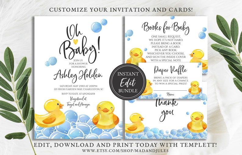 Rubber Duck Baby Shower Bundle, Invitation, Books Card, Diaper Raffle, Thank you, Yellow Gender Neutral Instant Downloads Template, BA-149 image 1