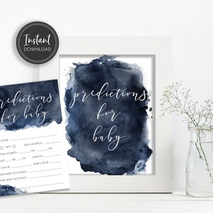 Marineblaue Wasserfarben-Vorhersagen für Baby-Tischschild und Karte, Baby-Dusche-Vorhersagen, sofortiger digitaler Download, druckbar, BA-183
