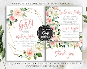 Pink Blush Roses Baby Shower Template Bundle, Invitation, Books for Baby, Diaper Raffle, Thank You, It's a Girl, Gold Geo Frame, BA-89