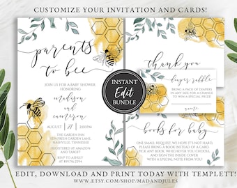 Parents to Bee Baby Shower Bundle Invitation, Books for Baby, Diaper Raffle, Thank you, Couples Baby Shower, Template Downloads, BA-189