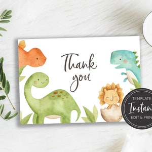 Dinosaurus dank u kaartsjabloon, plat en gevouwen, T-Rex, Brontosaurus baby shower, bewerken in Templett, afdrukbare download, BA-60