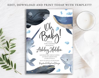 Whale Narwhal Baby Shower Invitation: Gender Neutral Template (Digital Download)