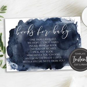 Navy Blue Watercolor Books for Baby Card Template, Baby Shower Insert Baby Boy Digital Instant Download, BA-183, 190