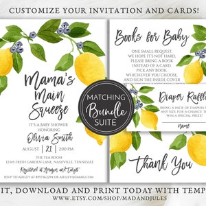Mama's Main Squeeze Lemon Baby Shower Bundle, Convite, Cartão de livros, Sorteio de fraldas, Obrigado, Downloads instantâneos e modelo de convite, BA-176